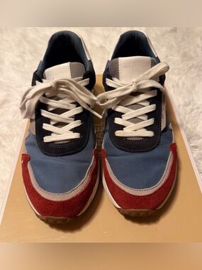Michael Kors Men's Blue Canvas Sneakers with Burgundy Suede Accents